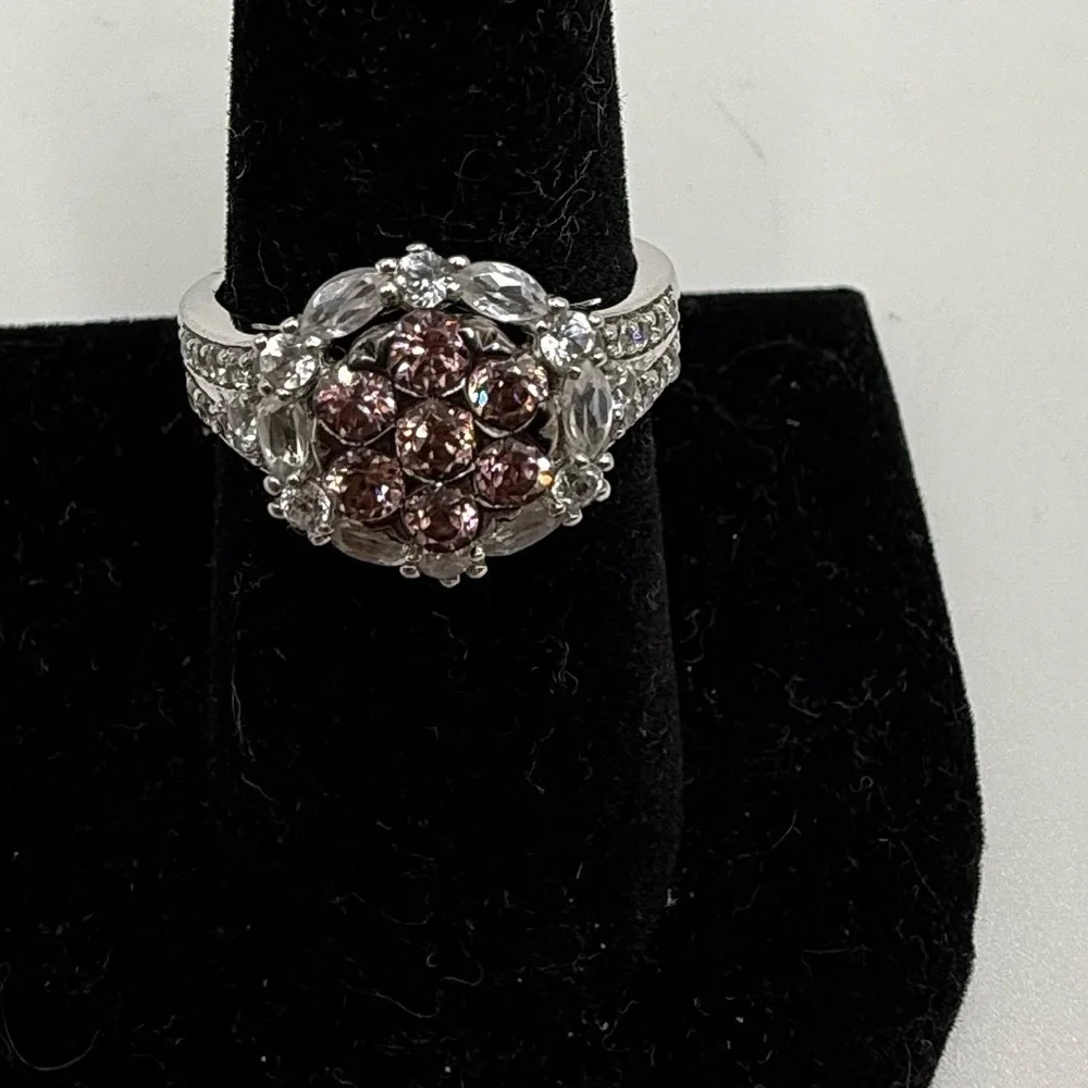 925 Sterling Silver Pink Crystal Cluster Ring Size 7.75